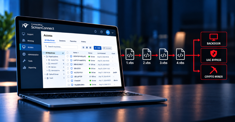 Los clientes maliciosos de ScreenConnect propagan una cadena de VBScript de cuatro etapas a los hosts recién conectados