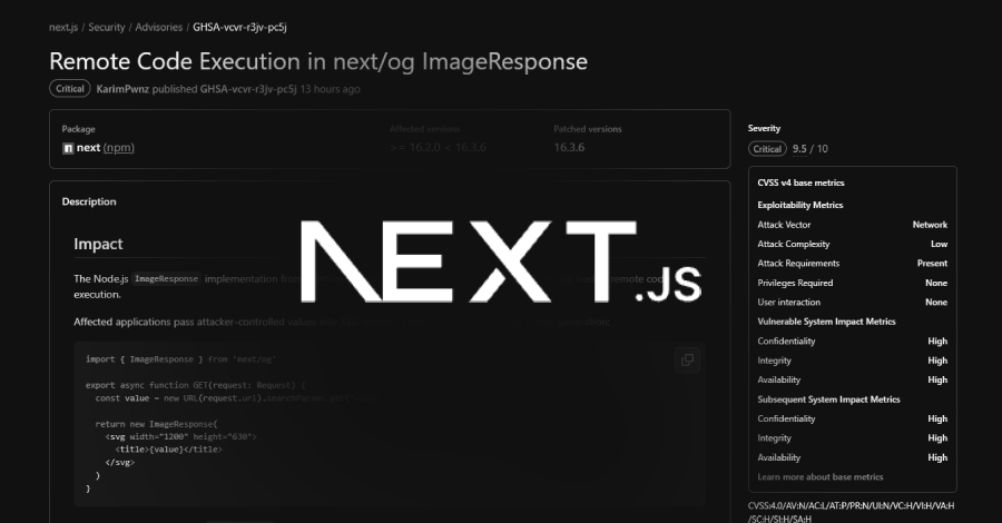 Una vulnerabilidad crítica en ImageResponse de Next.js puede dar lugar a la ejecución de código en el servidor a través de una entrada SVG manipulada