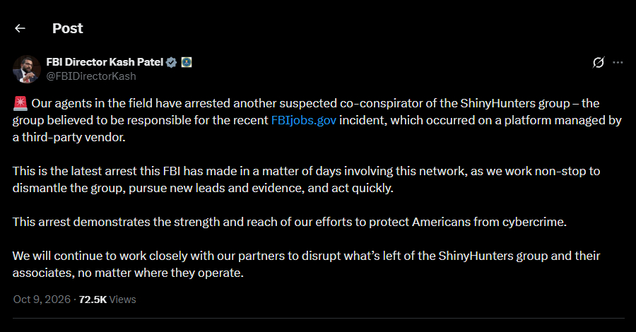 El FBI detiene a otro presunto hacker del grupo ShinyHunters tras una intrusión en la agencia